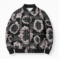 Hawaiian Leis Bomber Puffer Jacket Kakau Tattoos and Palaka Pastel Grayscale LT03 Unisex Black - Polynesian Pride