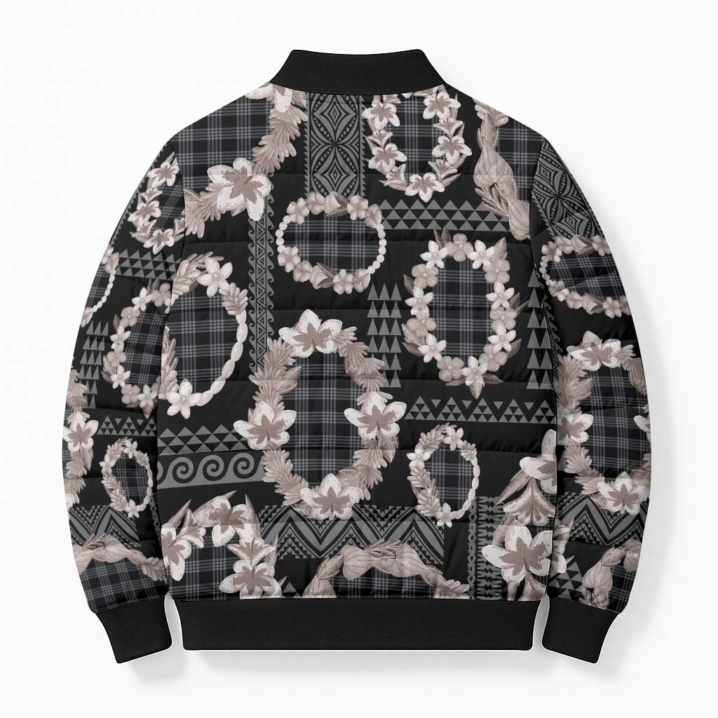 Hawaiian Leis Bomber Puffer Jacket Kakau Tattoos and Palaka Pastel Grayscale LT03 - Polynesian Pride