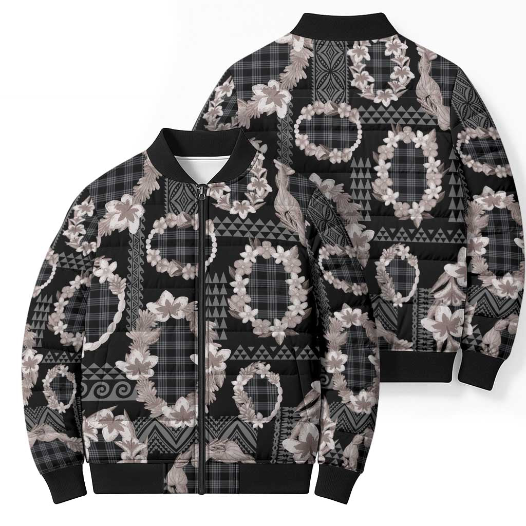 Hawaiian Leis Bomber Puffer Jacket Kakau Tattoos and Palaka Pastel Grayscale LT03 - Polynesian Pride