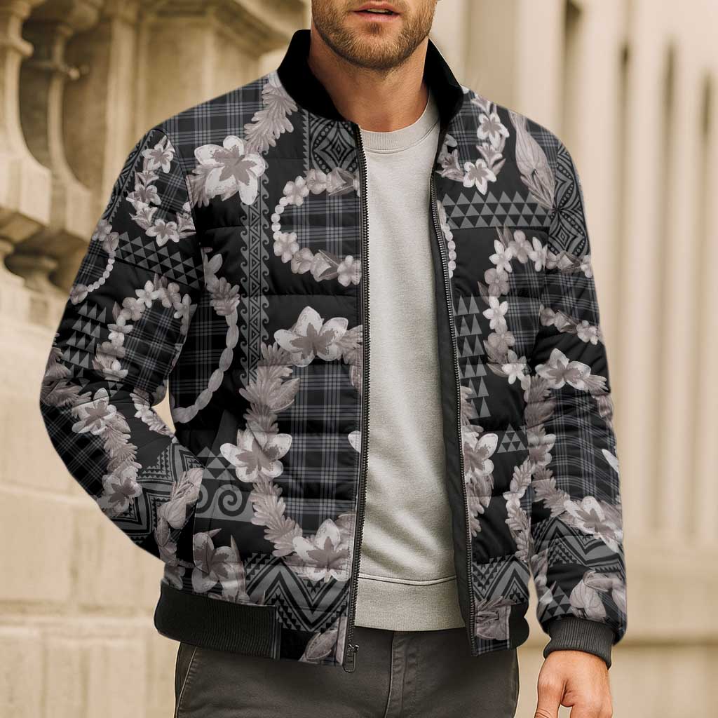 Hawaiian Leis Bomber Puffer Jacket Kakau Tattoos and Palaka Pastel Grayscale LT03 - Polynesian Pride