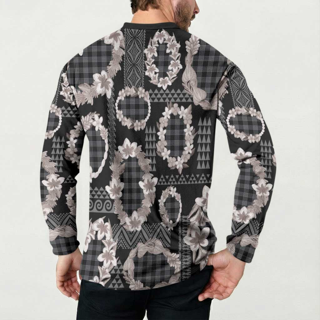 Hawaiian Leis Button Sweatshirt Kakau Tattoos and Palaka Pastel Grayscale LT03 - Polynesian Pride