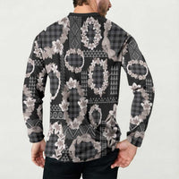 Hawaiian Leis Button Sweatshirt Kakau Tattoos and Palaka Pastel Grayscale LT03 - Polynesian Pride