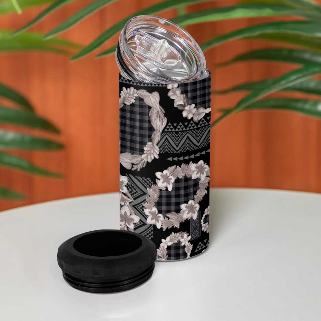 Hawaiian Leis 4 in 1 Can Cooler Tumbler Kakau Tattoos and Palaka Pastel Grayscale LT03 - Polynesian Pride