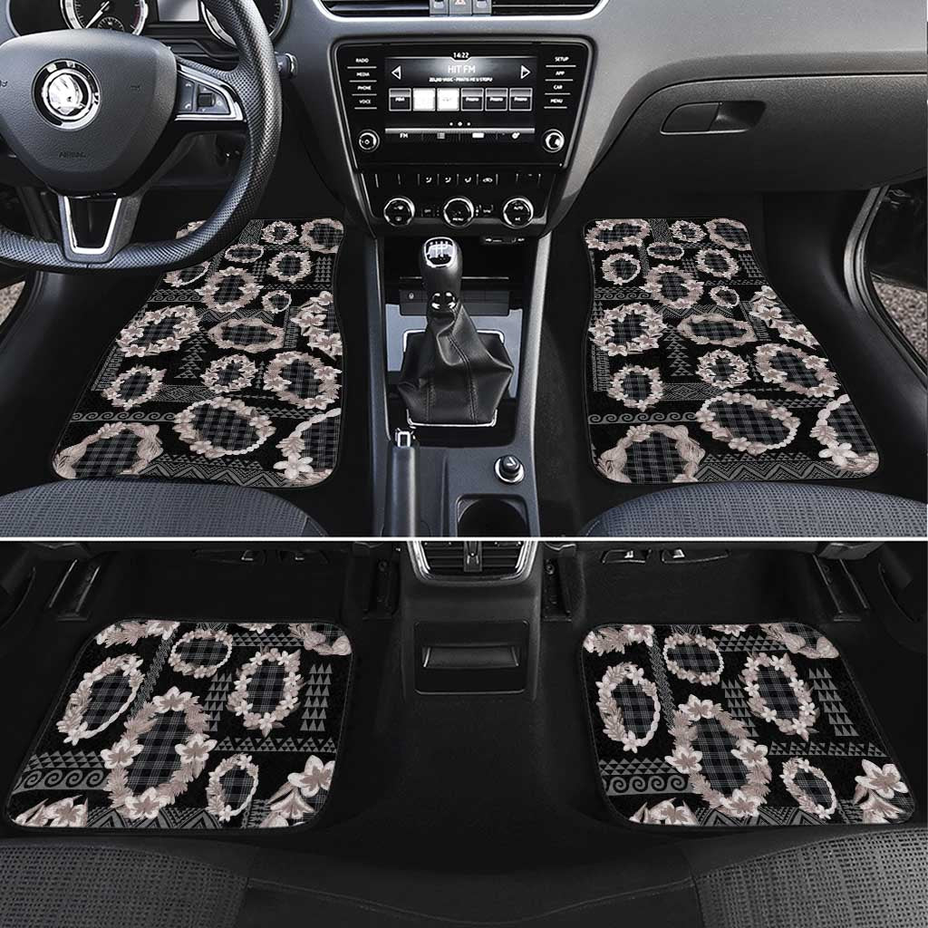 Hawaiian Leis Car Mats Kakau Tattoos and Palaka Pastel Grayscale LT03 Set 4pcs Black - Polynesian Pride