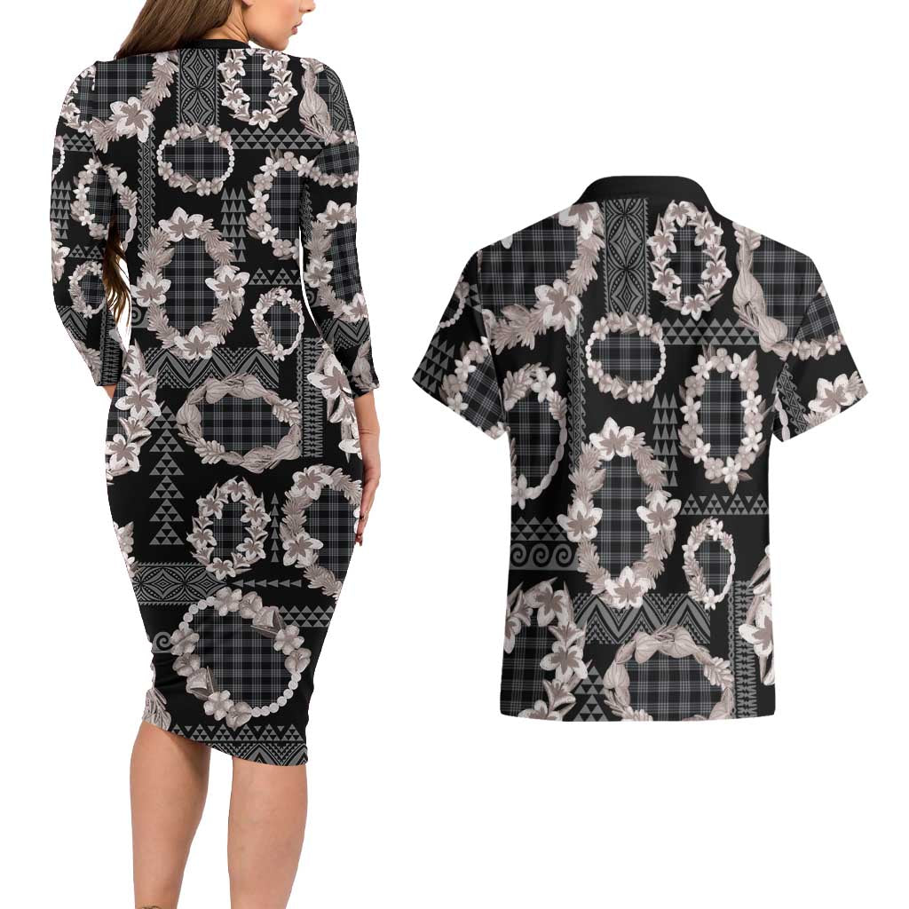 Hawaiian Leis Couples Matching Long Sleeve Bodycon Dress and Hawaiian Shirt Kakau Tattoos and Palaka Pastel Grayscale