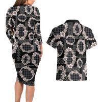Hawaiian Leis Couples Matching Long Sleeve Bodycon Dress and Hawaiian Shirt Kakau Tattoos and Palaka Pastel Grayscale