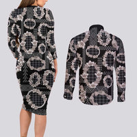 Hawaiian Leis Couples Matching Long Sleeve Bodycon Dress and Long Sleeve Button Shirt Kakau Tattoos and Palaka Pastel Grayscale