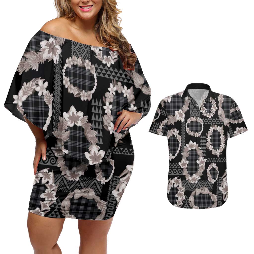 Hawaiian Leis Couples Matching Off Shoulder Short Dress and Hawaiian Shirt Kakau Tattoos and Palaka Pastel Grayscale LT03 Black - Polynesian Pride