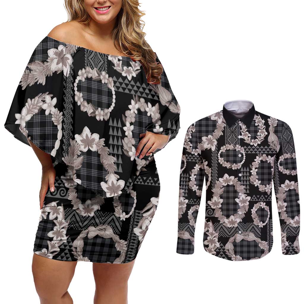 Hawaiian Leis Couples Matching Off Shoulder Short Dress and Long Sleeve Button Shirt Kakau Tattoos and Palaka Pastel Grayscale LT03 Black - Polynesian Pride