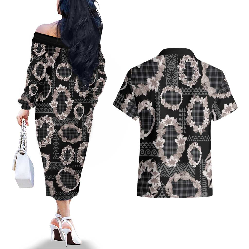 Hawaiian Leis Couples Matching Off The Shoulder Long Sleeve Dress and Hawaiian Shirt Kakau Tattoos and Palaka Pastel Grayscale
