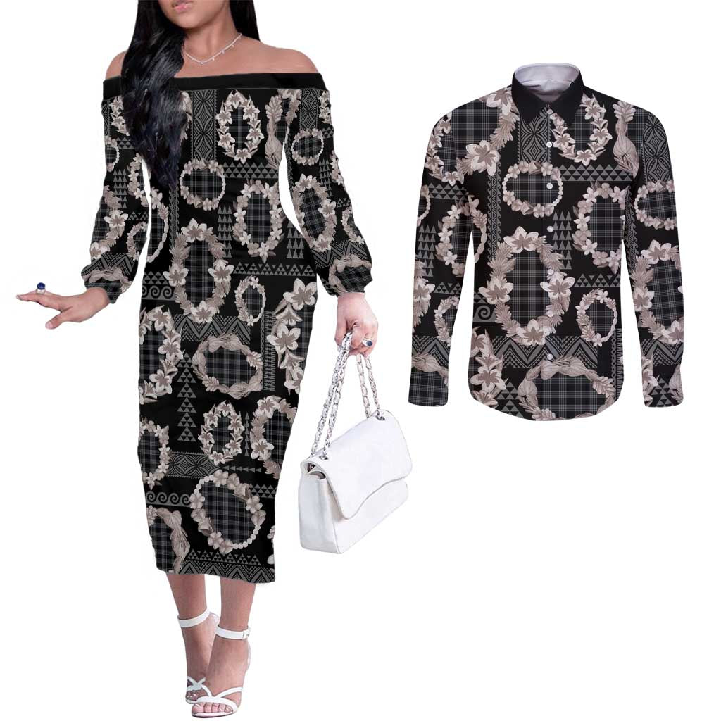 Hawaiian Leis Couples Matching Off The Shoulder Long Sleeve Dress and Long Sleeve Button Shirt Kakau Tattoos and Palaka Pastel Grayscale LT03 Black - Polynesian Pride