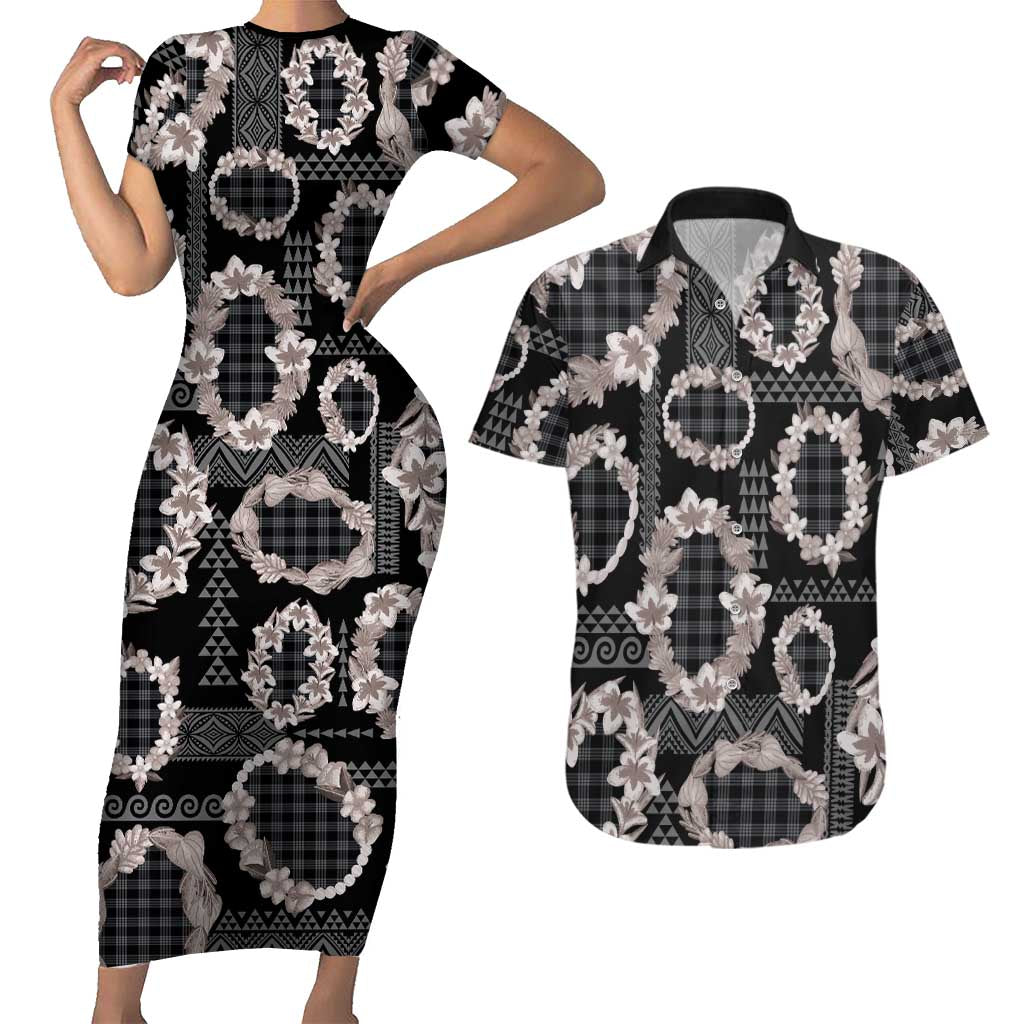 Hawaiian Leis Couples Matching Short Sleeve Bodycon Dress and Hawaiian Shirt Kakau Tattoos and Palaka Pastel Grayscale