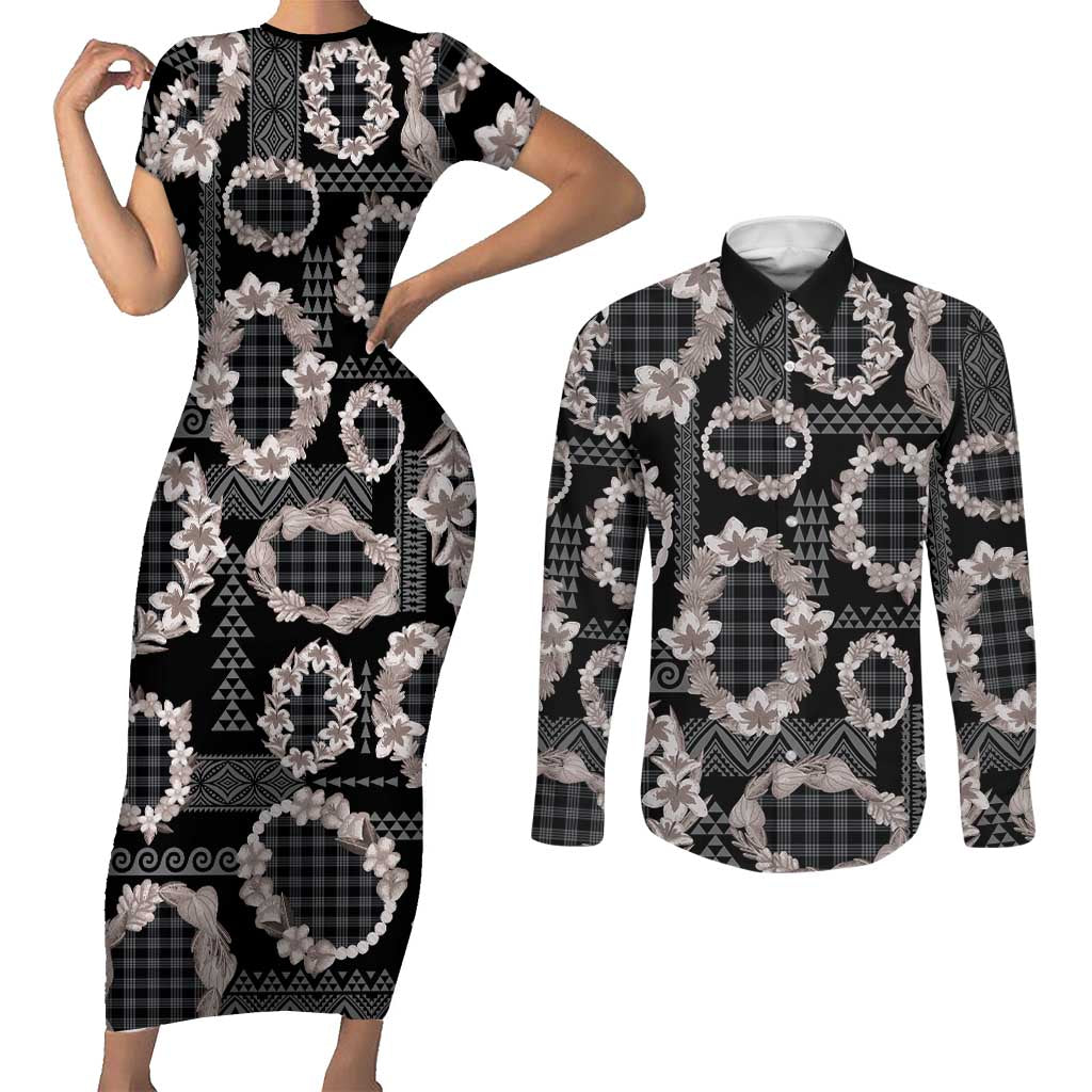 Hawaiian Leis Couples Matching Short Sleeve Bodycon Dress and Long Sleeve Button Shirt Kakau Tattoos and Palaka Pastel Grayscale LT03 Black - Polynesian Pride