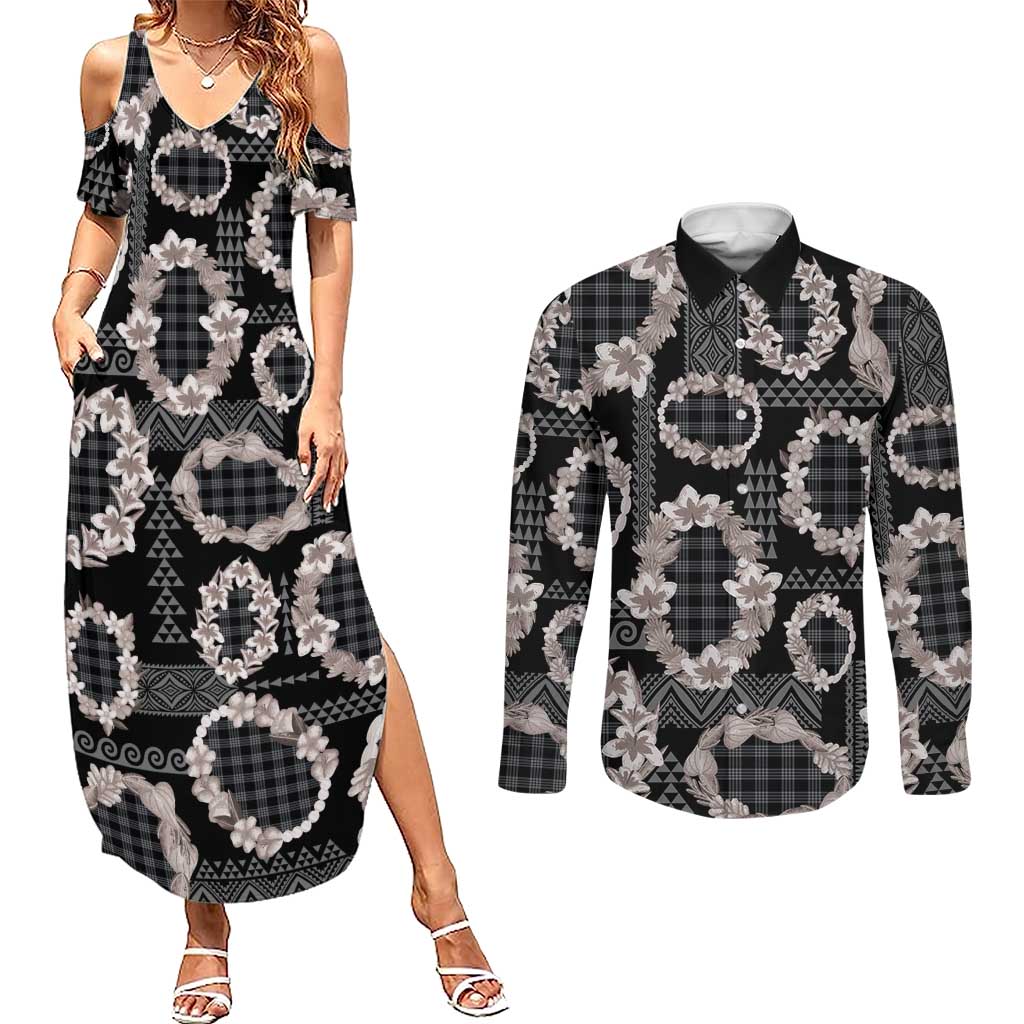 Hawaiian Leis Couples Matching Summer Maxi Dress and Long Sleeve Button Shirt Kakau Tattoos and Palaka Pastel Grayscale LT03 Black - Polynesian Pride