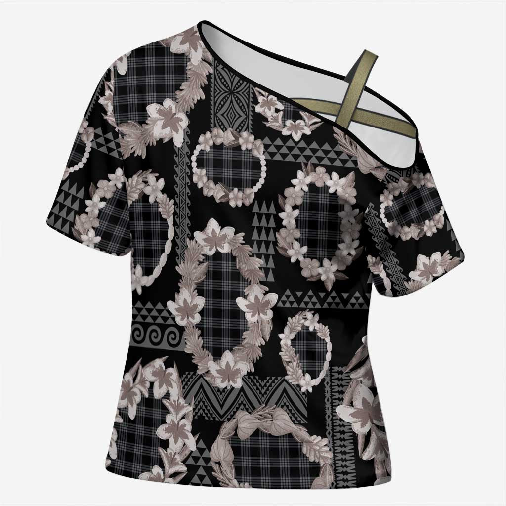 Hawaiian Leis Cross Shoulder Shirt Kakau Tattoos and Palaka Pastel Grayscale LT03 Female Black - Polynesian Pride
