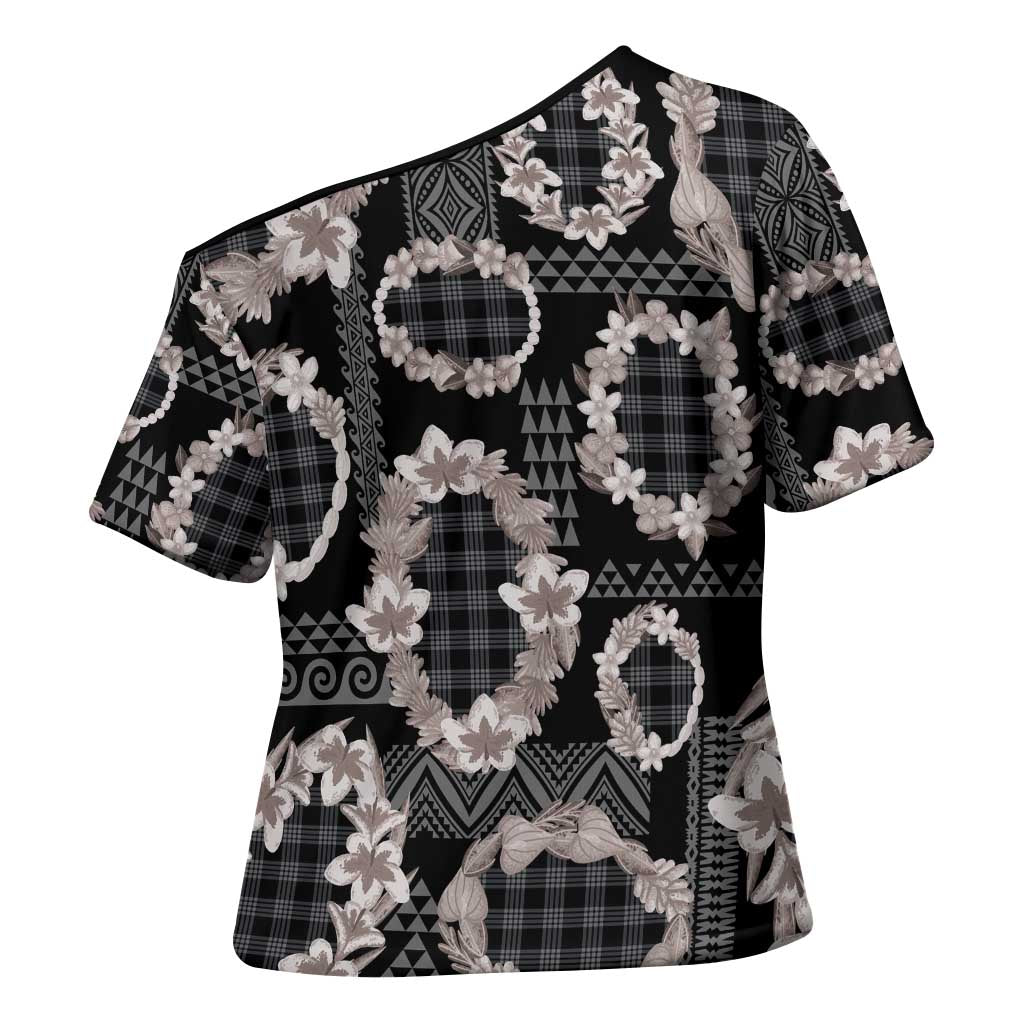 Hawaiian Leis Cross Shoulder Shirt Kakau Tattoos and Palaka Pastel Grayscale LT03 - Polynesian Pride