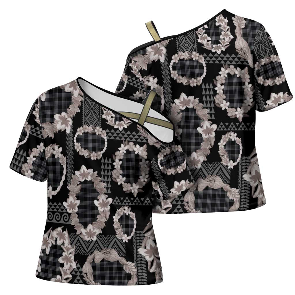 Hawaiian Leis Cross Shoulder Shirt Kakau Tattoos and Palaka Pastel Grayscale LT03 - Polynesian Pride