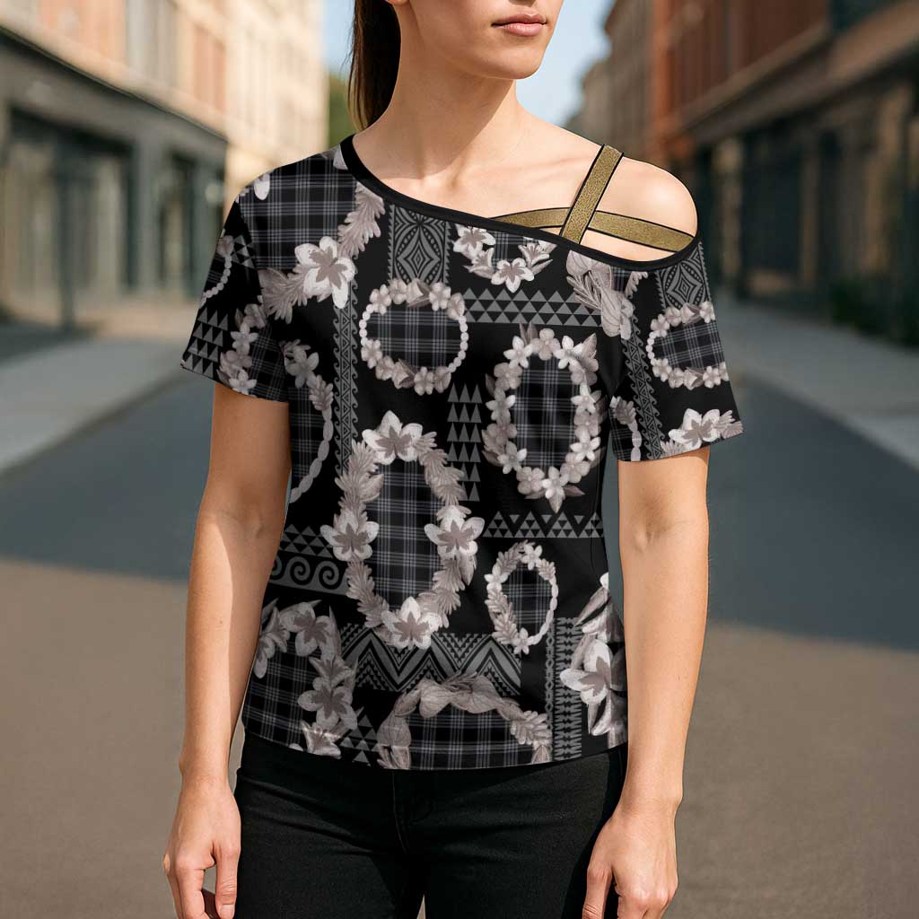Hawaiian Leis Cross Shoulder Shirt Kakau Tattoos and Palaka Pastel Grayscale LT03 - Polynesian Pride