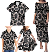 Hawaiian Leis Family Matching Puletasi and Hawaiian Shirt Kakau Tattoos and Palaka Pastel Grayscale