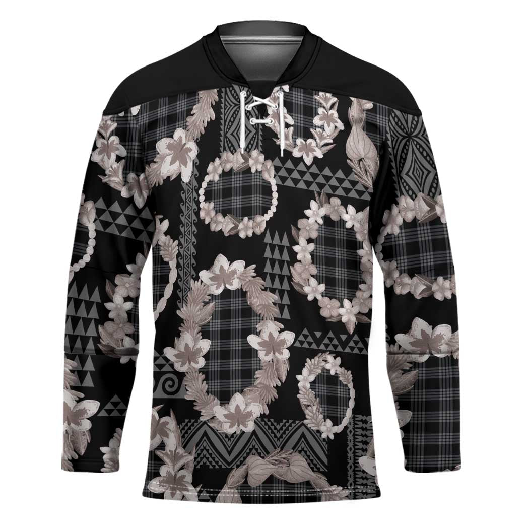 Hawaiian Leis Hockey Jersey Kakau Tattoos and Palaka Pastel Grayscale LT03 Unisex Black - Polynesian Pride