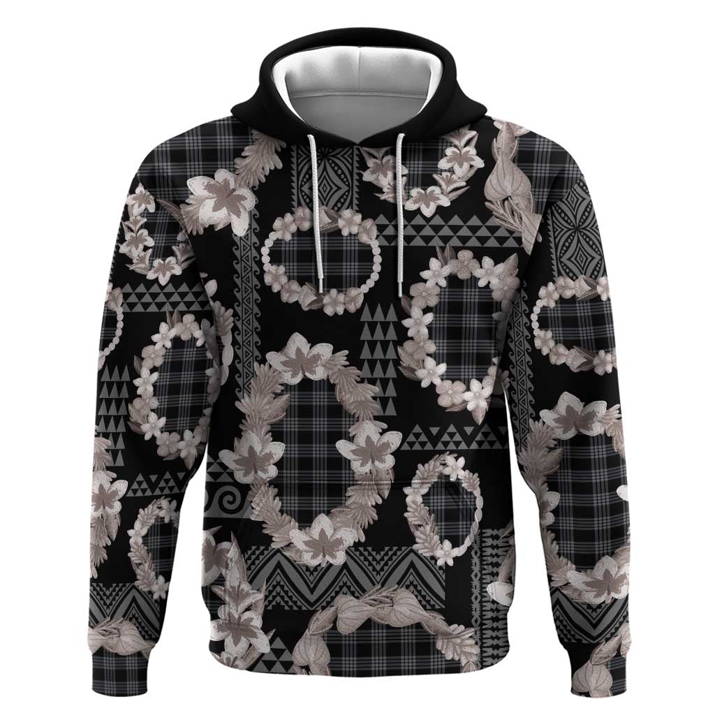 Hawaiian Leis Hoodie Kakau Tattoos and Palaka Pastel Grayscale LT03 Pullover Hoodie Black - Polynesian Pride