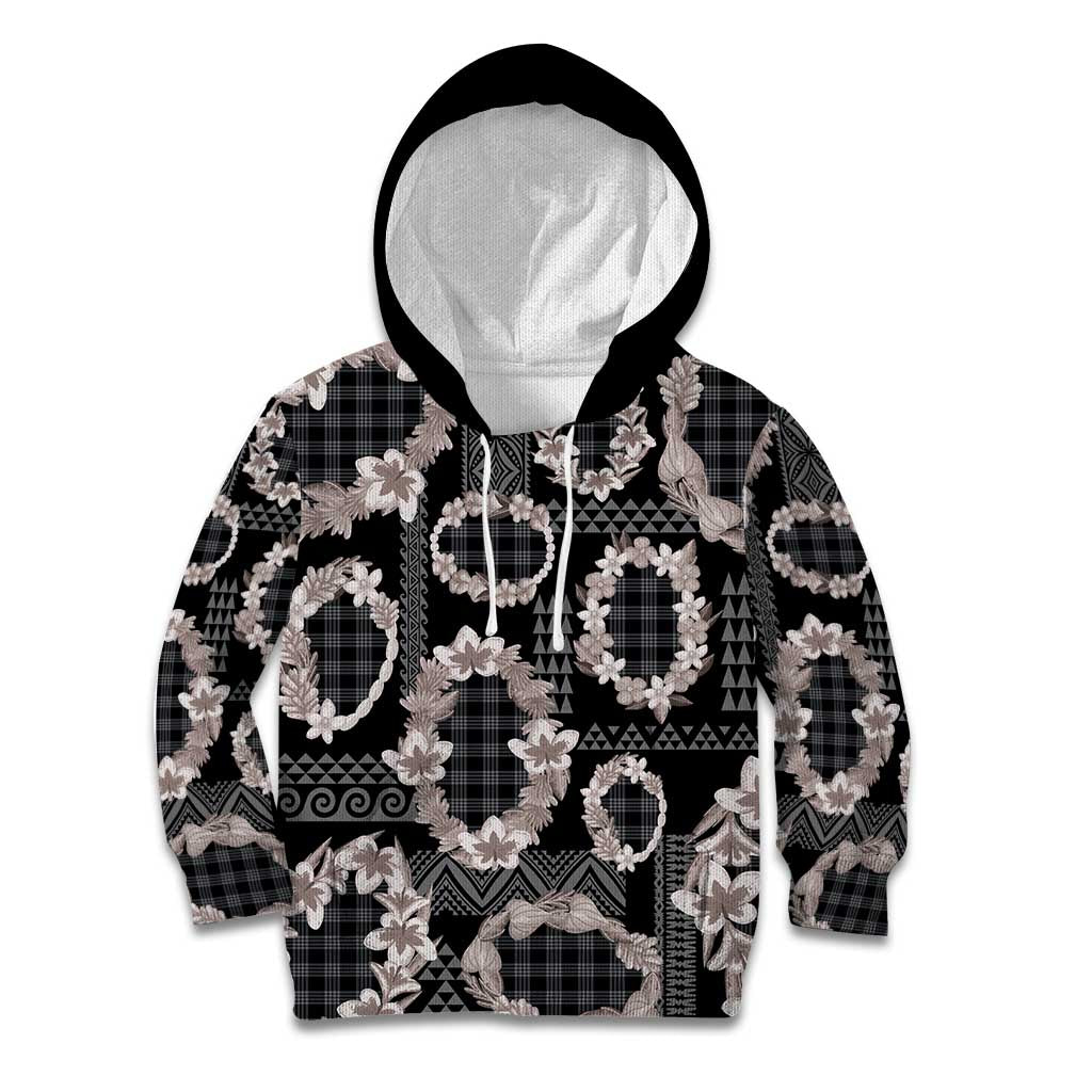 Hawaiian Leis Kid Hoodie Kakau Tattoos and Palaka Pastel Grayscale LT03 Hoodie Black - Polynesian Pride
