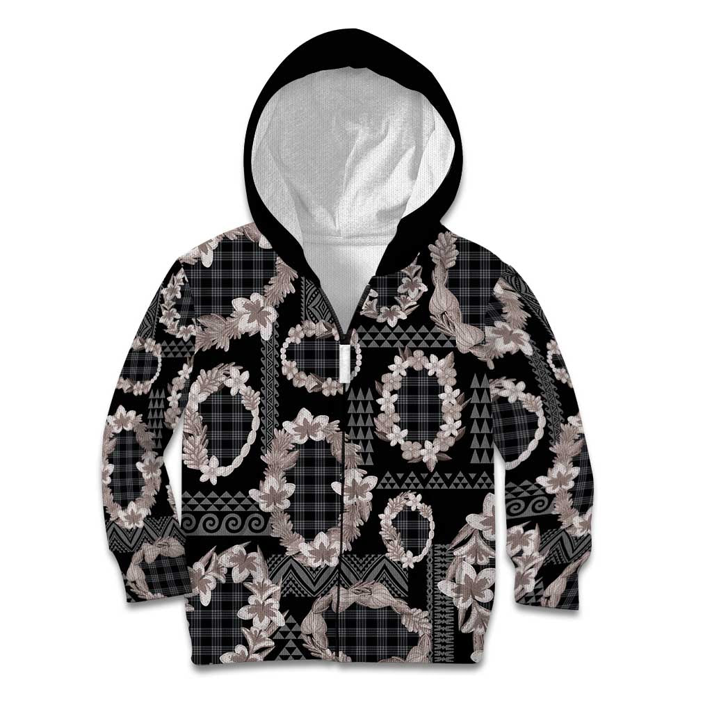 Hawaiian Leis Kid Hoodie Kakau Tattoos and Palaka Pastel Grayscale LT03 Zip Hoodie Black - Polynesian Pride