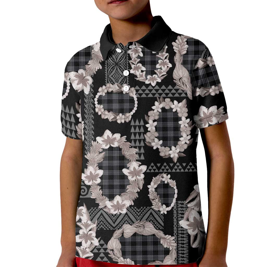 Hawaiian Leis Kid Polo Shirt Kakau Tattoos and Palaka Pastel Grayscale LT03 Kid Black - Polynesian Pride