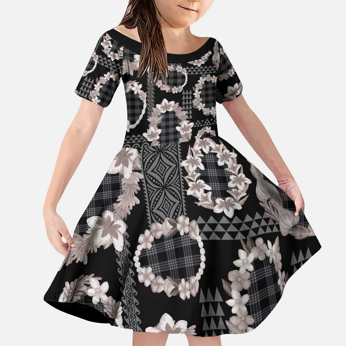 Hawaiian Leis Kid Short Sleeve Dress Kakau Tattoos and Palaka Pastel Grayscale LT03 KID Black - Polynesian Pride