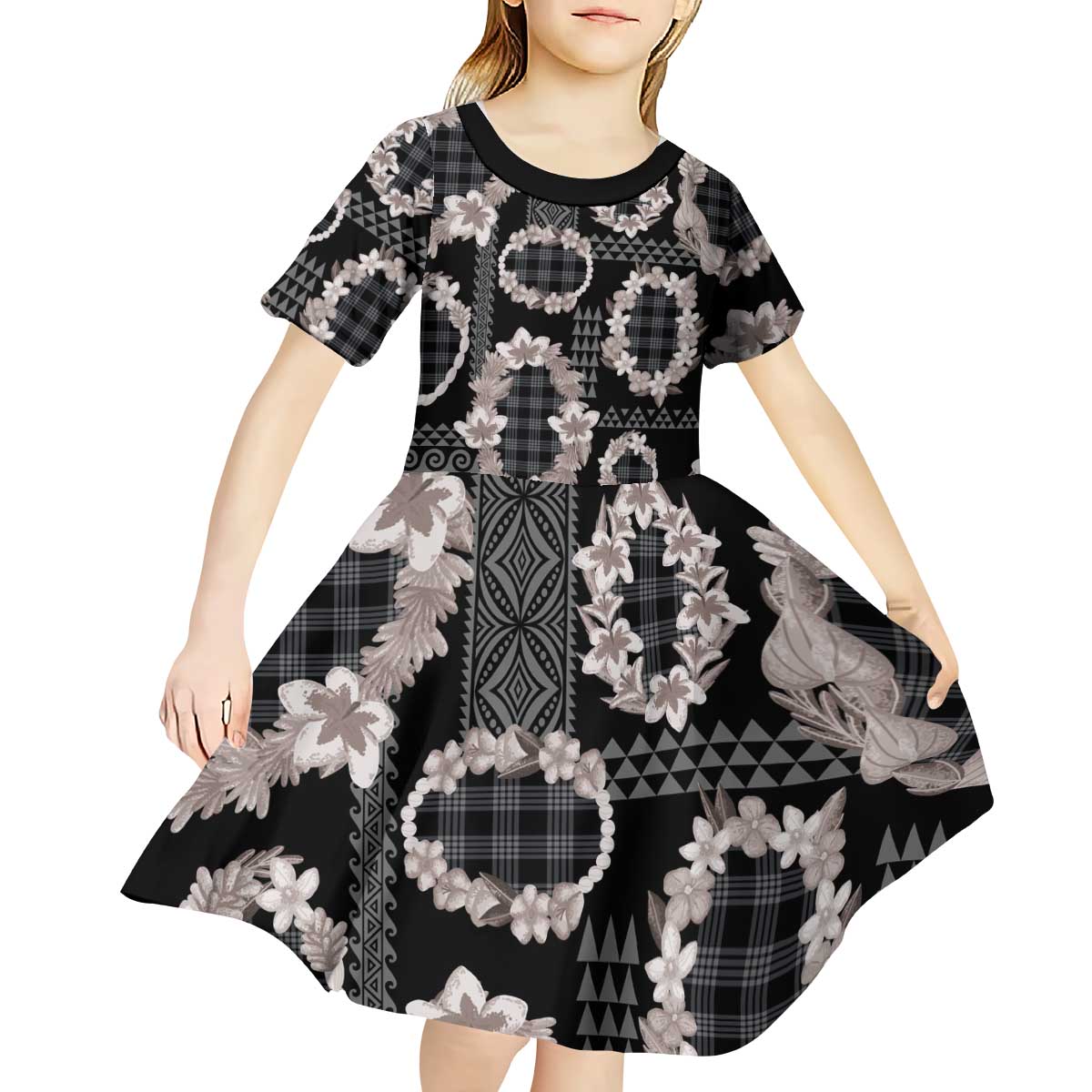 Hawaiian Leis Kid Short Sleeve Dress Kakau Tattoos and Palaka Pastel Grayscale LT03 - Polynesian Pride