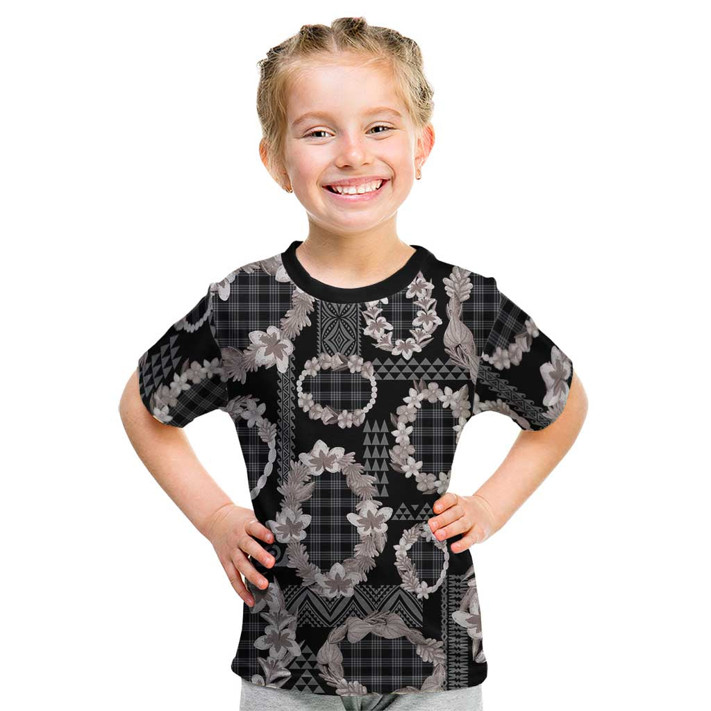 Hawaiian Leis Kid T Shirt Kakau Tattoos and Palaka Pastel Grayscale LT03 Black - Polynesian Pride