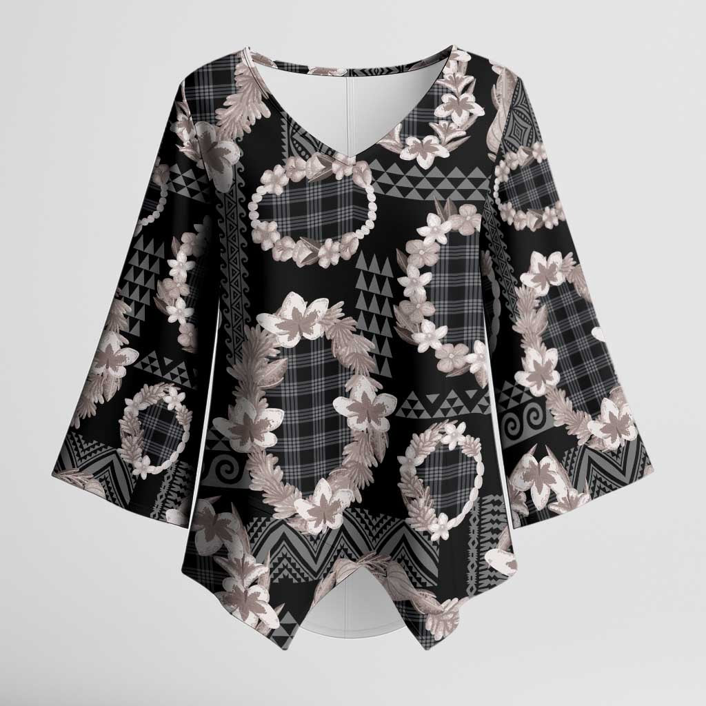 Hawaiian Leis Kimono Sleeve Blouse Kakau Tattoos and Palaka Pastel Grayscale LT03 Female Black - Polynesian Pride