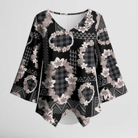 Hawaiian Leis Kimono Sleeve Blouse Kakau Tattoos and Palaka Pastel Grayscale LT03 Female Black - Polynesian Pride