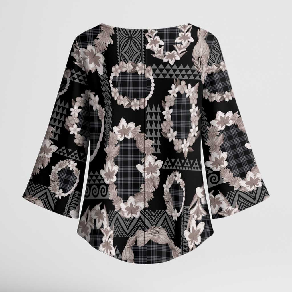 Hawaiian Leis Kimono Sleeve Blouse Kakau Tattoos and Palaka Pastel Grayscale LT03 - Polynesian Pride