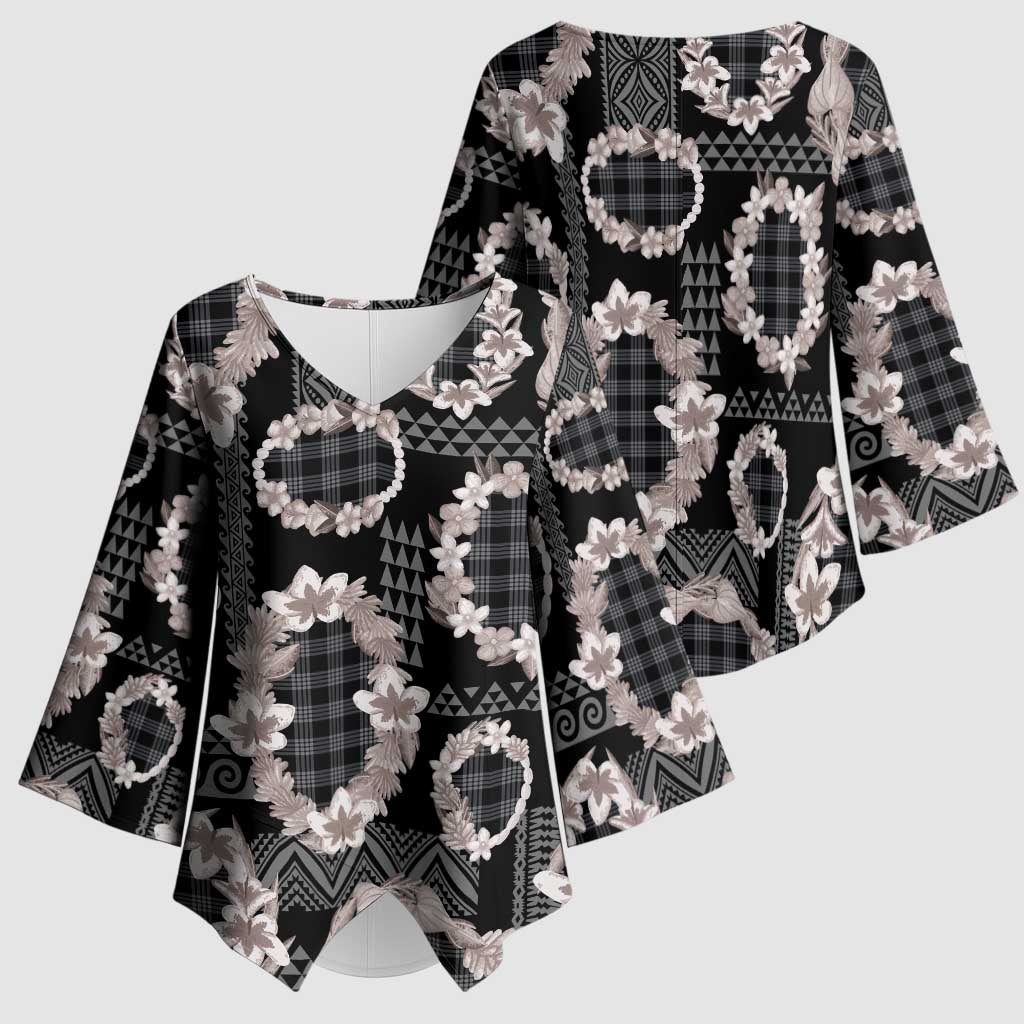 Hawaiian Leis Kimono Sleeve Blouse Kakau Tattoos and Palaka Pastel Grayscale LT03 - Polynesian Pride