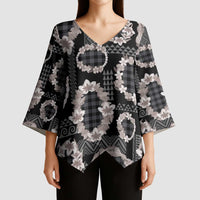 Hawaiian Leis Kimono Sleeve Blouse Kakau Tattoos and Palaka Pastel Grayscale LT03 - Polynesian Pride