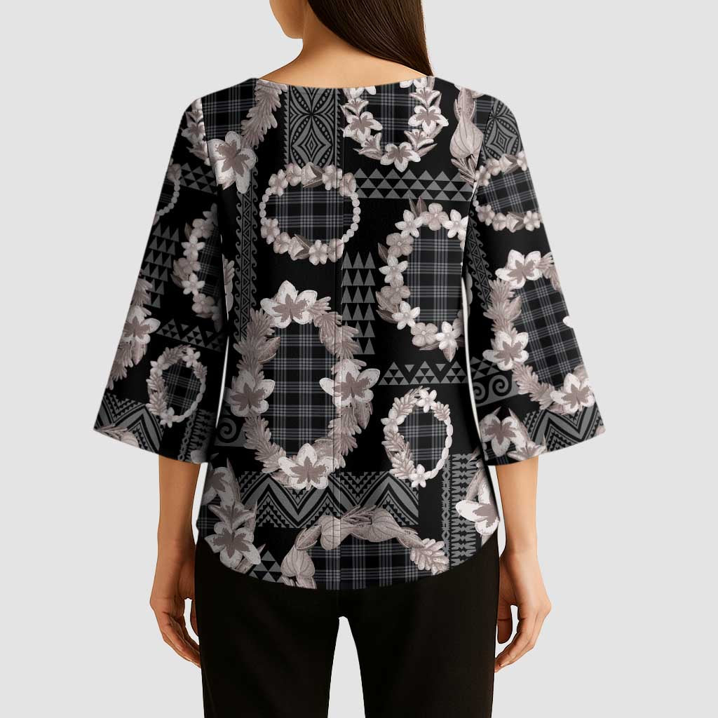 Hawaiian Leis Kimono Sleeve Blouse Kakau Tattoos and Palaka Pastel Grayscale LT03 - Polynesian Pride