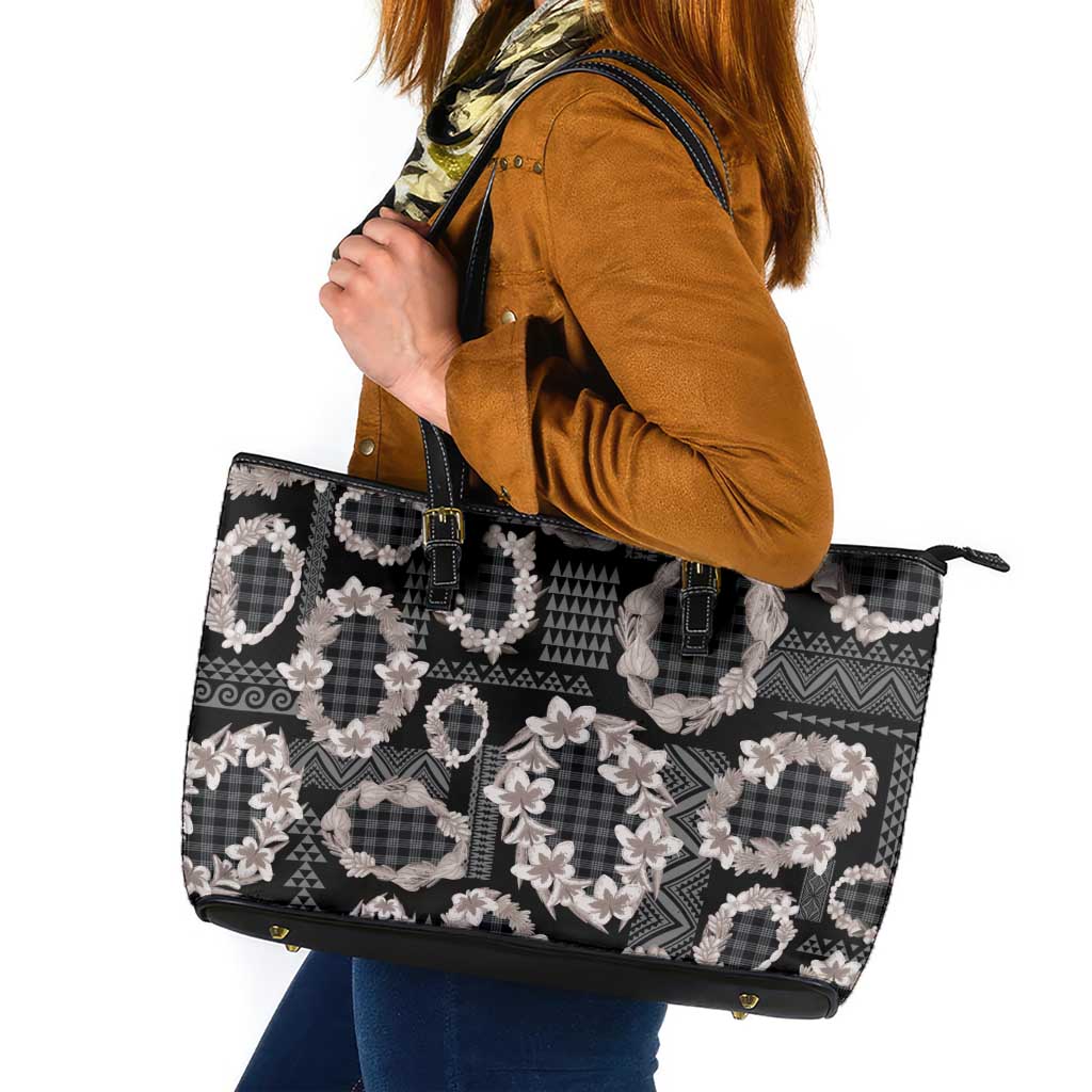 Hawaiian Leis Leather Tote Bag Kakau Tattoos and Palaka Pastel Grayscale LT03 Black - Polynesian Pride