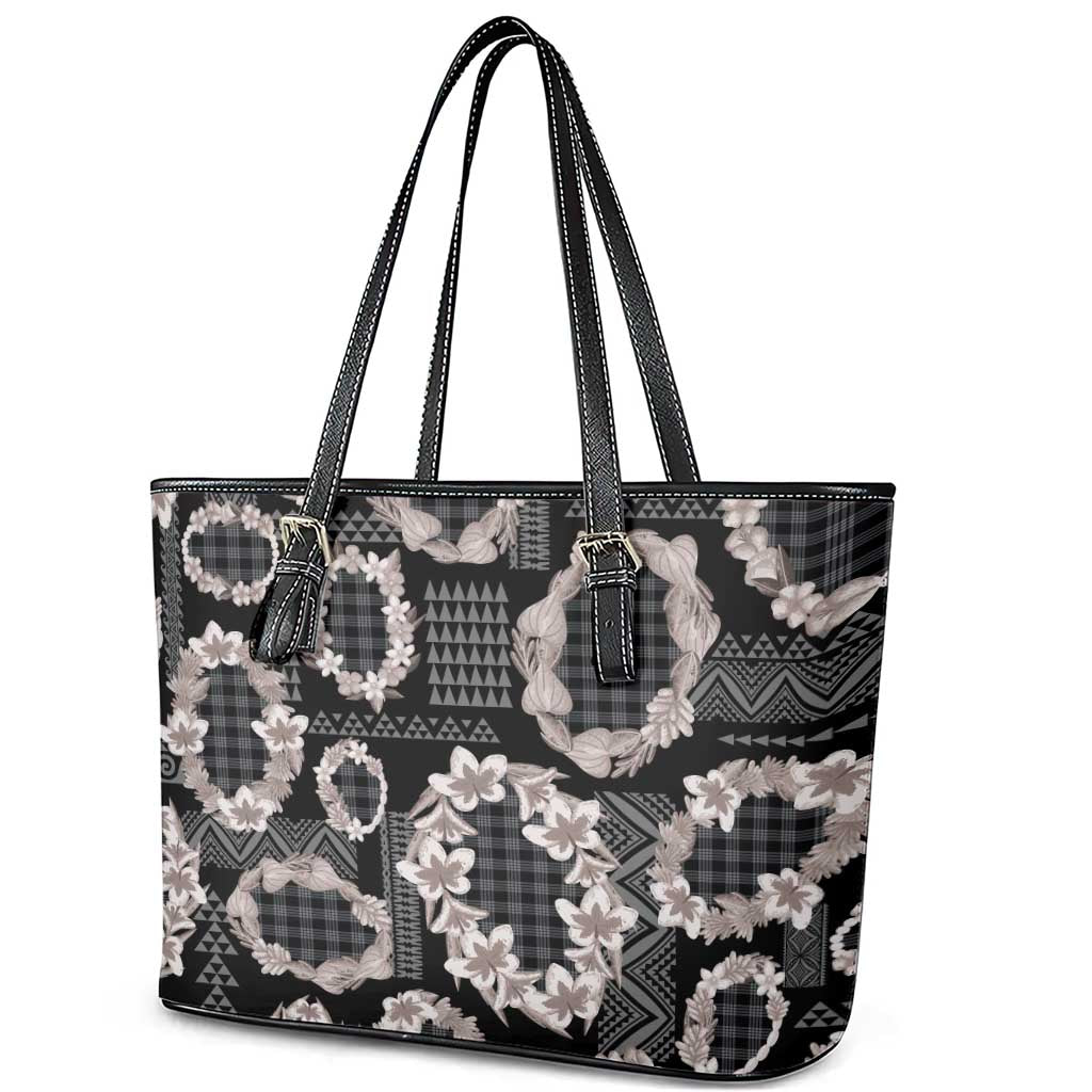 Hawaiian Leis Leather Tote Bag Kakau Tattoos and Palaka Pastel Grayscale
