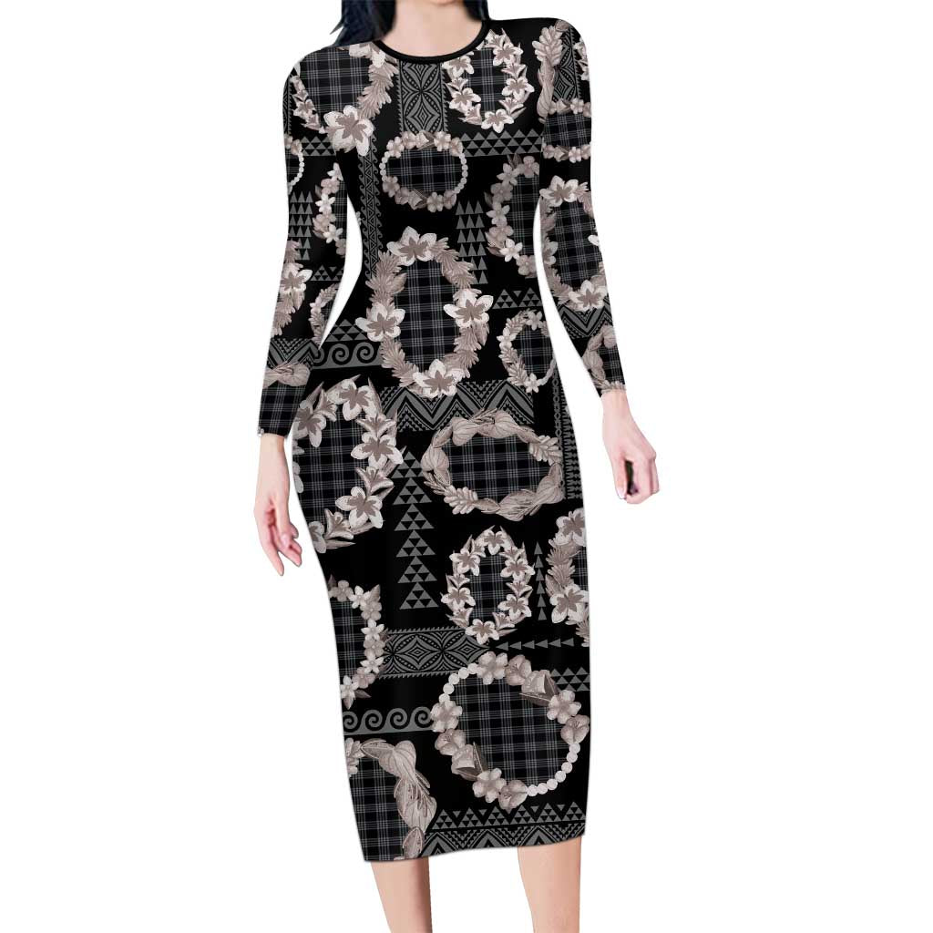 Hawaiian Leis Long Sleeve Bodycon Dress Kakau Tattoos and Palaka Pastel Grayscale