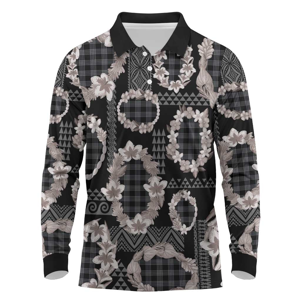 Hawaiian Leis Long Sleeve Polo Shirt Kakau Tattoos and Palaka Pastel Grayscale LT03 Black - Polynesian Pride