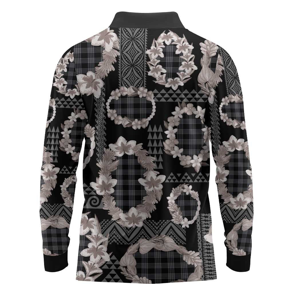 Hawaiian Leis Long Sleeve Polo Shirt Kakau Tattoos and Palaka Pastel Grayscale LT03 - Polynesian Pride