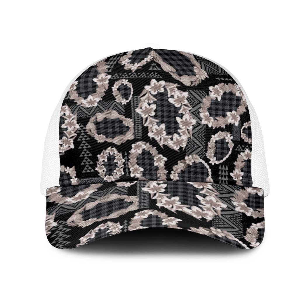 Hawaiian Leis Mesh Trucker Cap Kakau Tattoos and Palaka Pastel Grayscale LT03 One Size White Black - Polynesian Pride