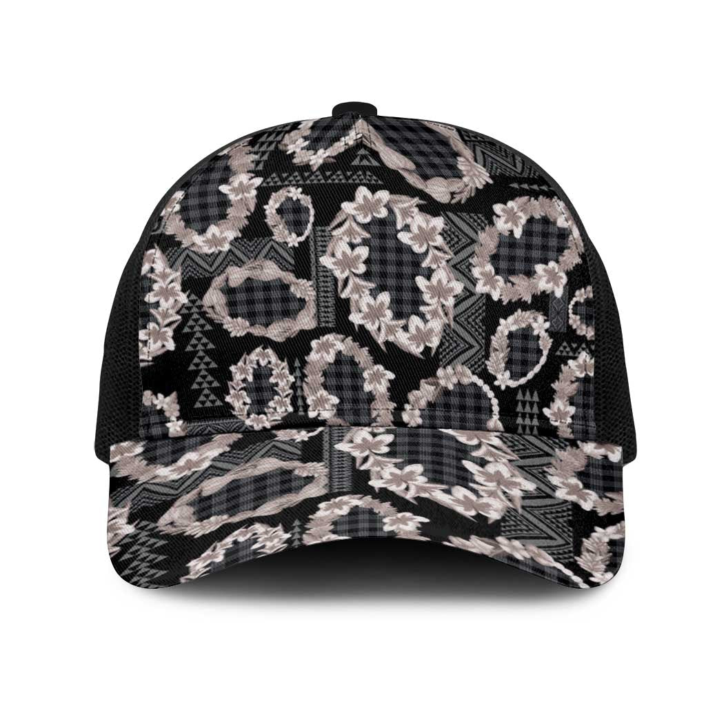Hawaiian Leis Mesh Trucker Cap Kakau Tattoos and Palaka Pastel Grayscale LT03 One Size Black Black - Polynesian Pride