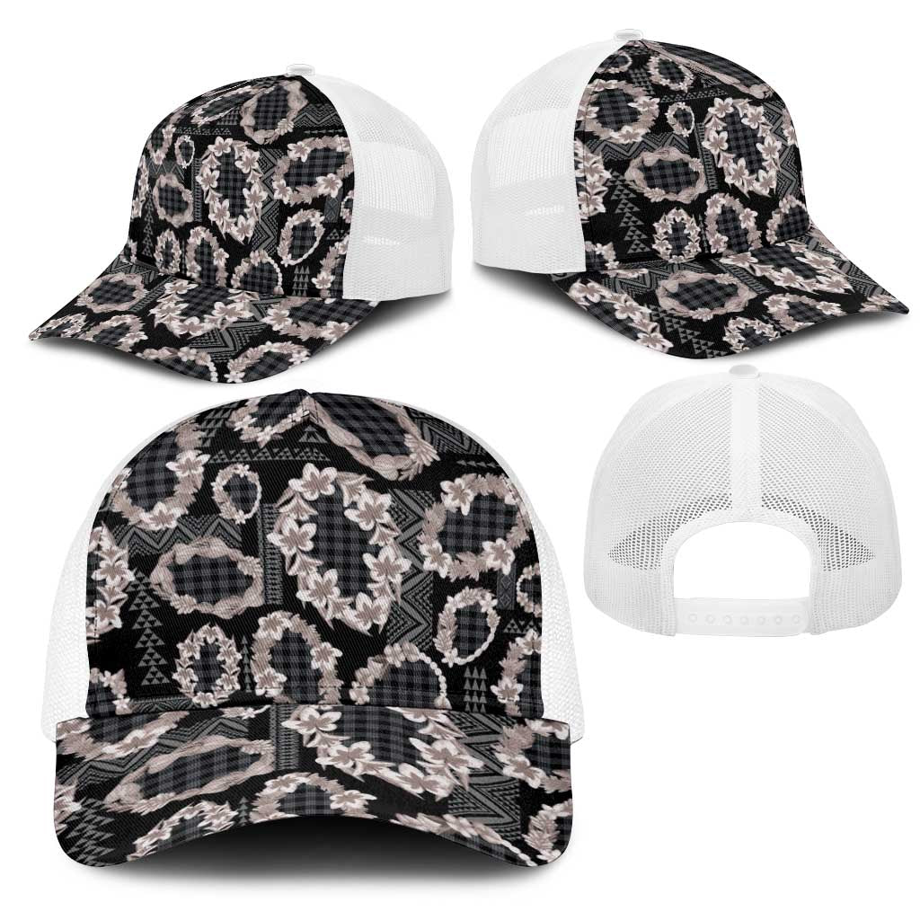 Hawaiian Leis Mesh Trucker Cap Kakau Tattoos and Palaka Pastel Grayscale LT03 - Polynesian Pride