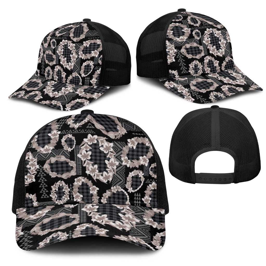 Hawaiian Leis Mesh Trucker Cap Kakau Tattoos and Palaka Pastel Grayscale LT03 - Polynesian Pride