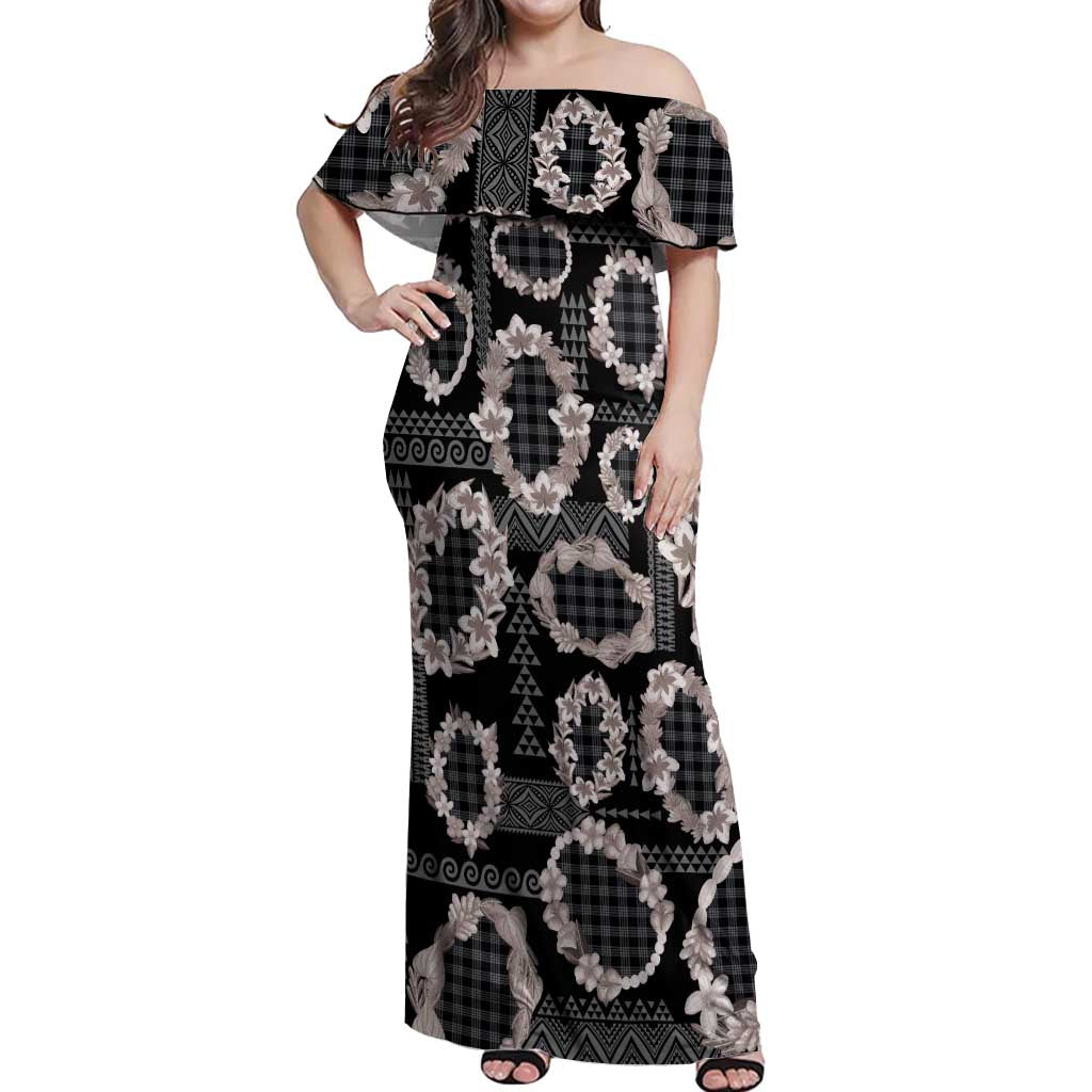 Hawaiian Leis Off Shoulder Maxi Dress Kakau Tattoos and Palaka Pastel Grayscale LT03 Women Black - Polynesian Pride