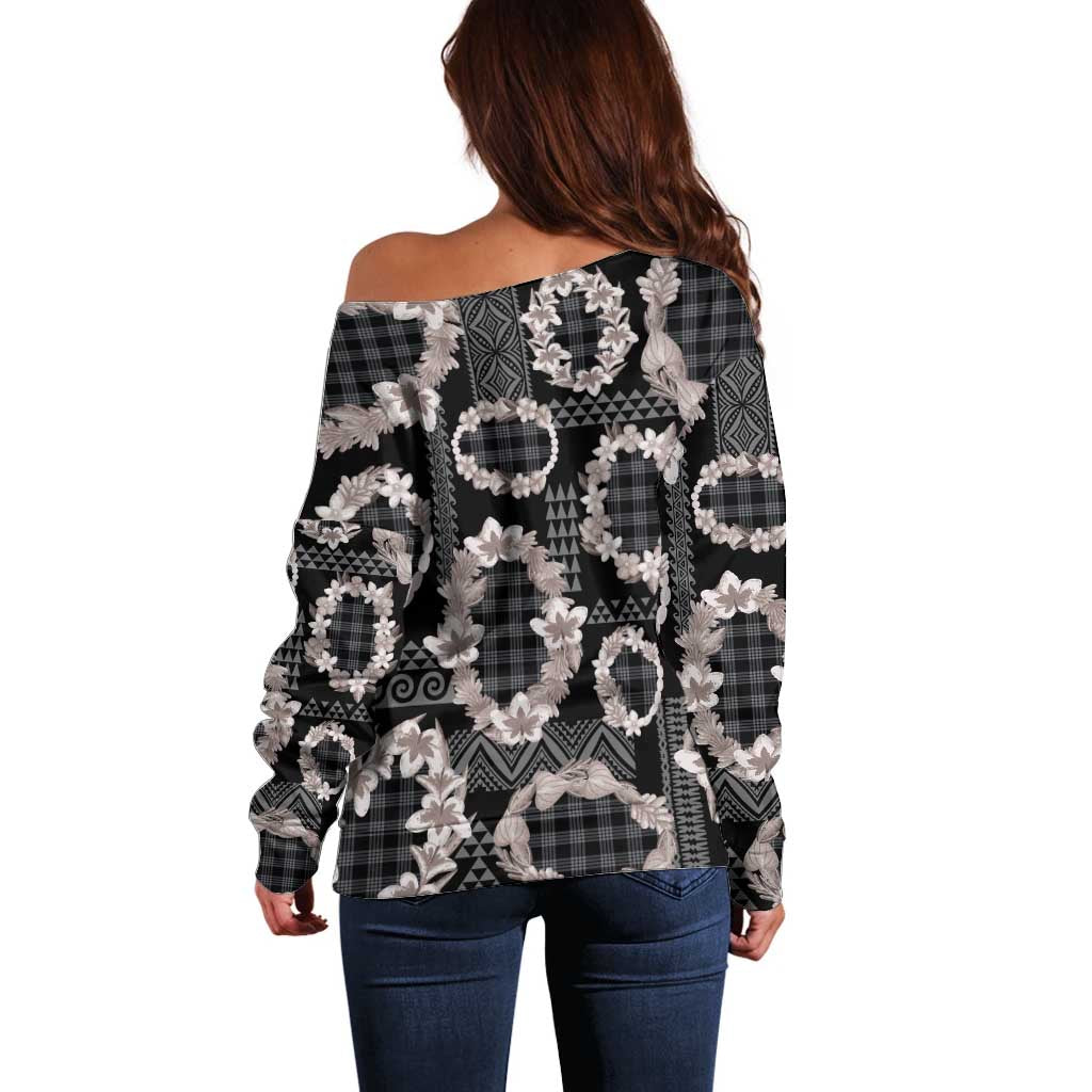 Hawaiian Leis Off Shoulder Sweater Kakau Tattoos and Palaka Pastel Grayscale LT03 - Polynesian Pride