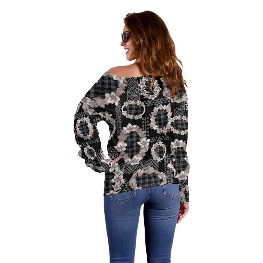 Hawaiian Leis Off Shoulder Sweater Kakau Tattoos and Palaka Pastel Grayscale LT03 - Polynesian Pride