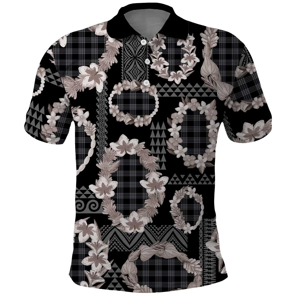 Hawaiian Leis Polo Shirt Kakau Tattoos and Palaka Pastel Grayscale LT03 Black - Polynesian Pride